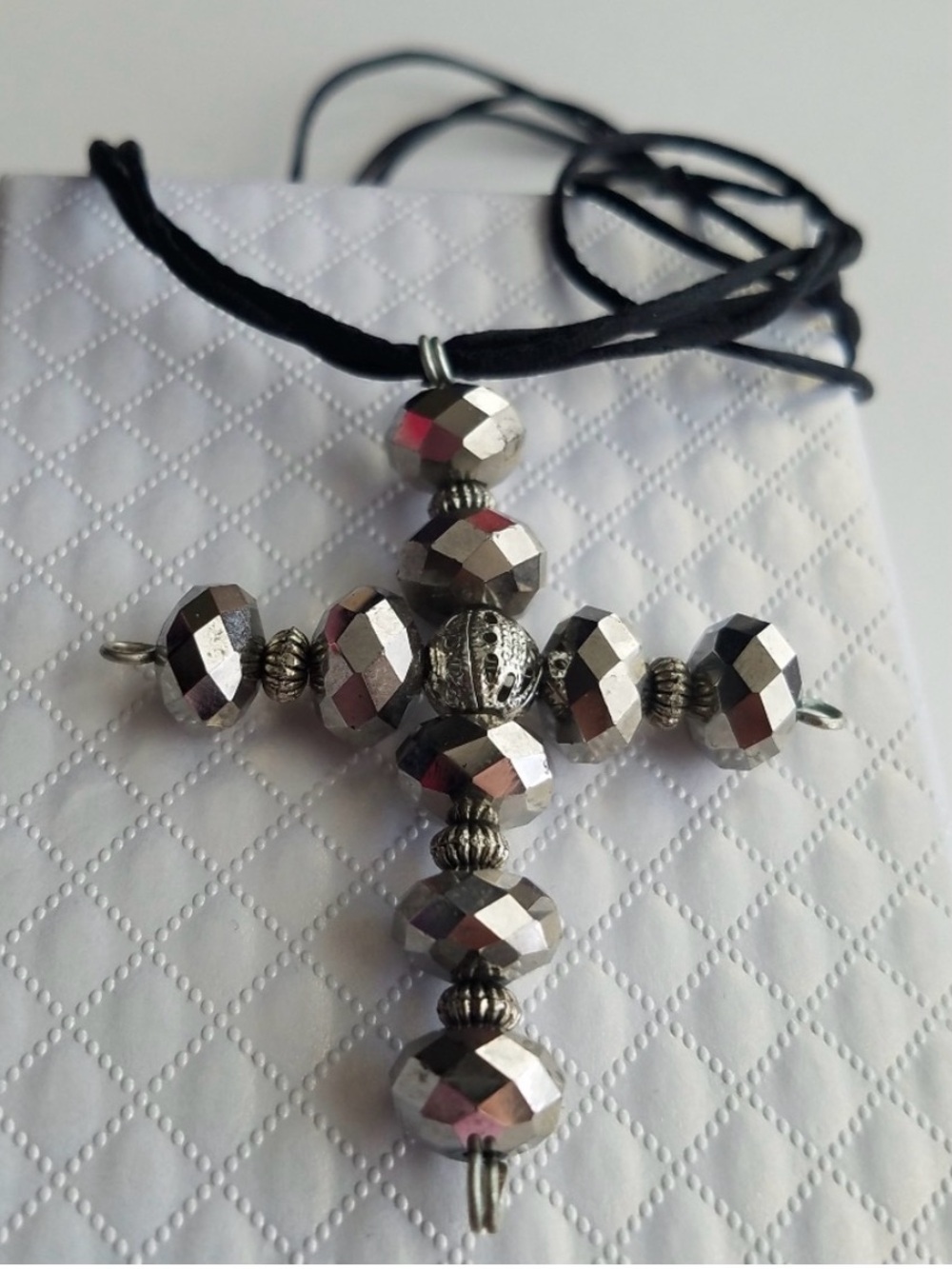 Swarovski Elements Metallic Silver Cross Necklace on Satin Cord - Handmade